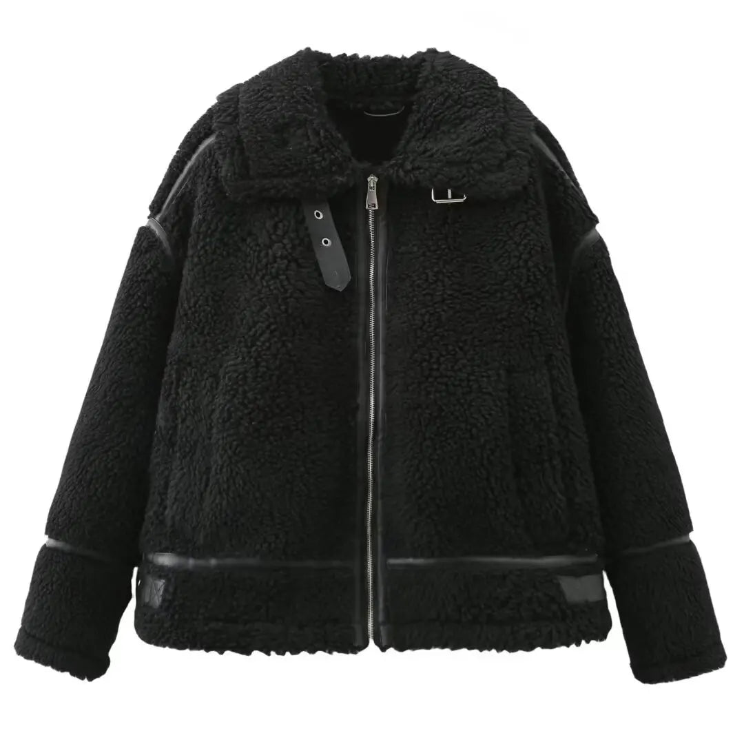 Suninheart Autumn and Winter Faux Fur Jacket with Zipper Women Long Sleeve Warm Jackets Coat Casual Lapel Cold Coat High Quality