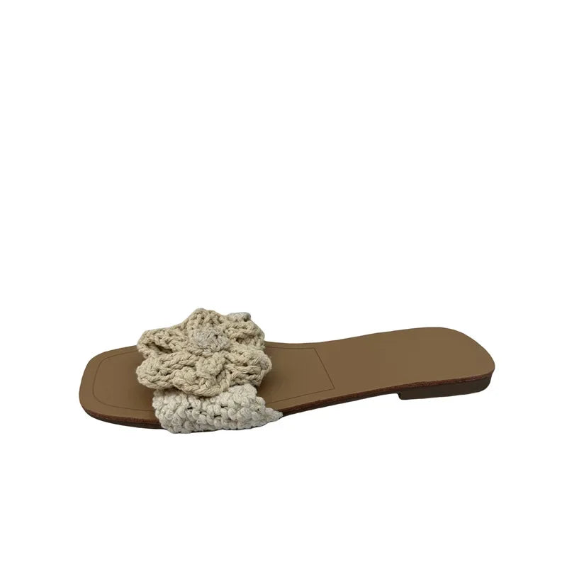 2025 New Fashion Knitted Flower Flat Bottom Slippers Women's Shoes Sweet Style Chinese Origin Sweet Style Women's Slippers