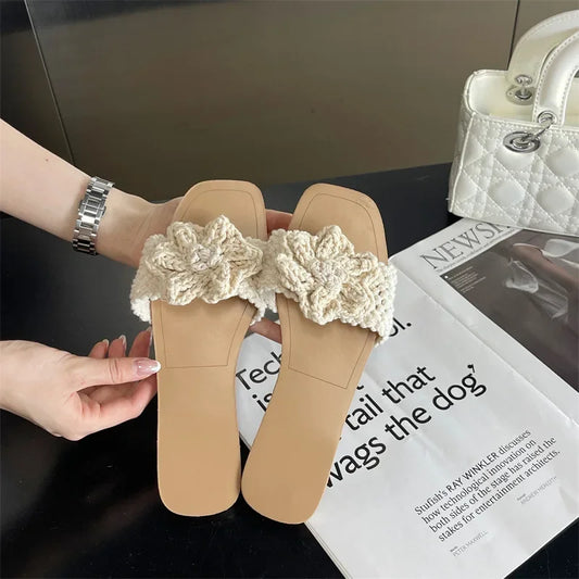 2025 New Fashion Knitted Flower Flat Bottom Slippers Women's Shoes Sweet Style Chinese Origin Sweet Style Women's Slippers