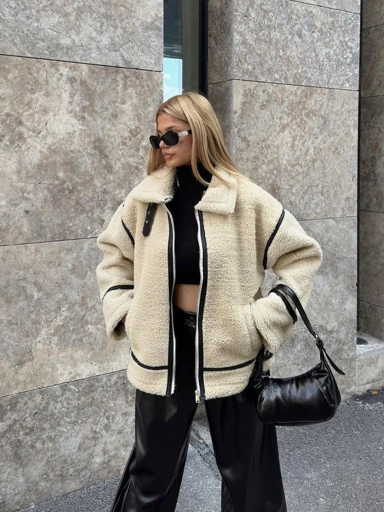 Suninheart Autumn and Winter Faux Fur Jacket with Zipper Women Long Sleeve Warm Jackets Coat Casual Lapel Cold Coat High Quality