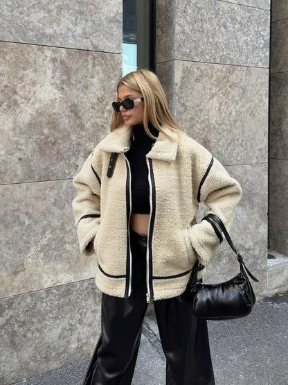 Suninheart Autumn and Winter Faux Fur Jacket with Zipper Women Long Sleeve Warm Jackets Coat Casual Lapel Cold Coat High Quality